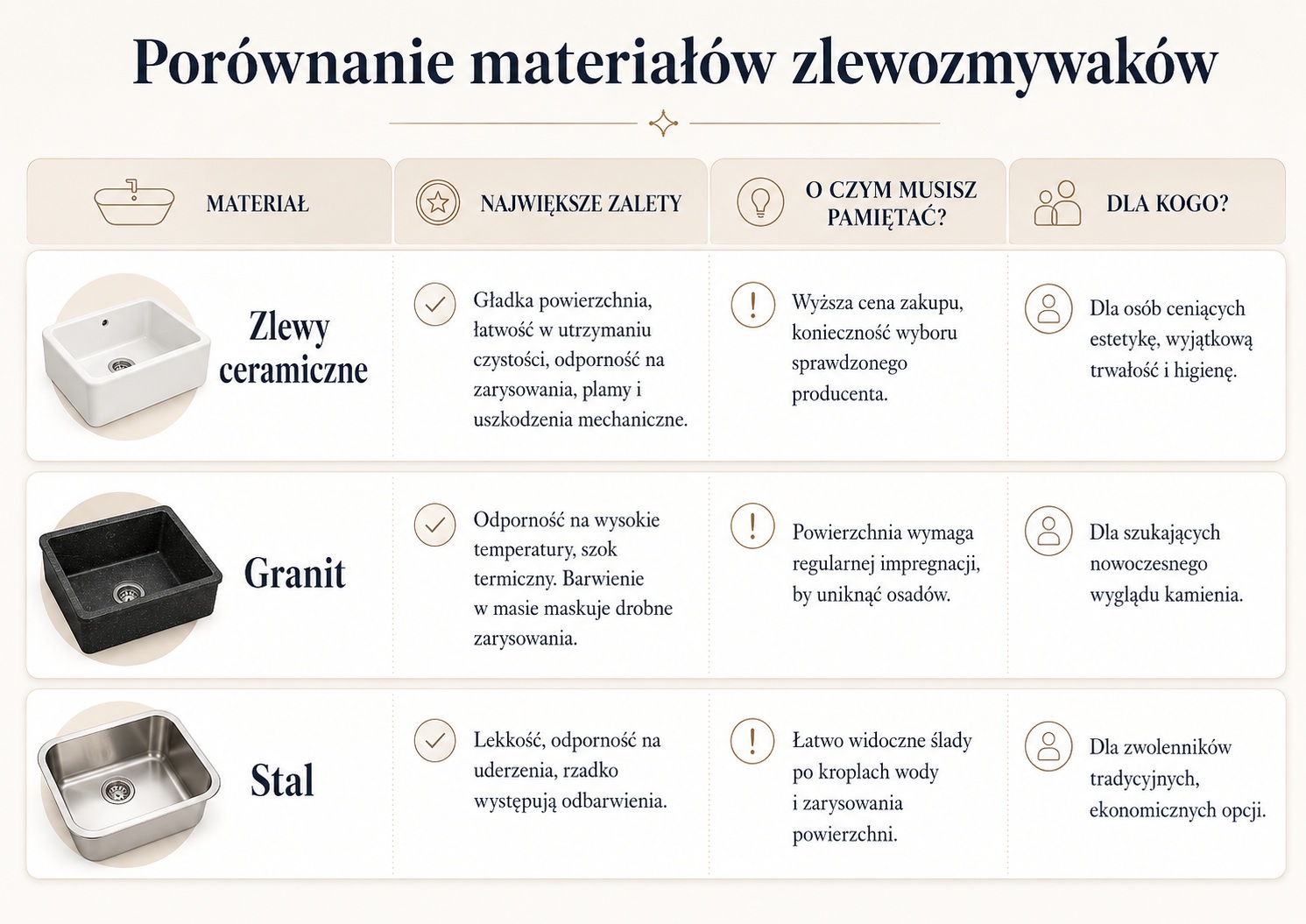 Porównanie materiałów zlewozmywaków